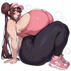 30bagsofballs :o ai_generated arched_back bare_shoulders black_leggings black_legwear blue_eyes brown_hair cleavage gigantic_ass gigantic_breasts hair_bun hair_buns heavy_breathing huge_ass huge_breasts huge_butt huge_hips hyper hyper_ass hyper_breasts hyper_hips large_ass large_breasts large_hips leaning leaning_back leggings long_eyelashes long_hair long_twintails no_background open_mouth pink_tank_top pink_topwear pokemon pokemon_bw2 rosa_(pokemon) side_view sideways sideways_glance simple_background sitting sneakers steaming_body sweat sweating tank_top tied_hair twintails visor_cap white_background wide_hips