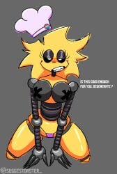 animatronic chef_hat five_nights_at_freddy's on_knees robot solo suggestoaster_ t_chica_(suggestoaster_) taped_nipples text toy_chica_(fnaf)