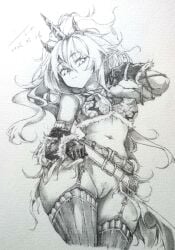 arknights artist_request female female female_only hand_drawn kirin_(armor) kirin_r_yato_(arknights) monochrome no_panties pussy traditional_media_(artwork) yato_(arknights)