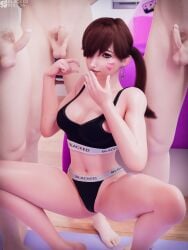 3boys1girl 3d asian asian_female blacked_clothing blackedr34 cuckold d.va humiliation laughing overwatch pinching_gesture small_penis small_penis_gesture small_penis_humiliation tagme
