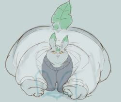 blush bottomless breasts_on_penis chubby clothed coat doodle eeveelution female feral laying_on_stomach leafeon looking_at_viewer massive_ass overweight pillowknight pokemon sketch