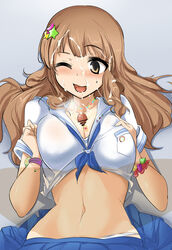 blush breasts brown_eyes brown_hair cleavage cum cum_on_hair facial female highres idolmaster idolmaster_cinderella_girls large_breasts long_hair momio moroboshi_kirari navel paizuri penis pixiv_manga_sample resized school_uniform skirt wink