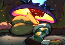 absurd_res anthro ass balls biped buckteeth clothing detailed_background fur genitals grass green_body green_fur hi_res hollow_eyes league_of_legends looking_at_viewer lying male mammal meatshaq mostly_nude murid murine on_side plant rat red_nose riot_games rodent rodent_tail smile smirk solo teeth tencent twitch_(lol)
