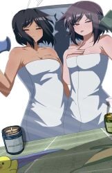 1boy 2girls asriel_dreemurr bathroom black_hair blowing_hair brown_hair candle candles chara chara_(undertale) clothes_off counter discarded_clothing female female_chara female_frisk frisk frisk_(undertale) hair_dryer male peace_sign person_in_background phone_screen red_eyes rubber_duck selfie shower squished_breasts textless textless_version tongue_out towel towel_around_waist towel_only undertale undertale_(series) zukafu_shimoto