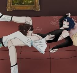 cunnilingus cuntboy doll_joints intersex oc oc_x_canon original_character pussy scaramouche_(genshin_impact) yaoi