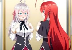 2girls ahoge ai_generated alisa_mikhailovna_kujou big_breasts blue_eyes blushing_female crimson_hair_female crossed_bangs crossover crossover_ship crossover_shipping curvy_females demon_girl females_only hair_ribbon high_school_dxd hourglass_figured_female huge_ahoge interspecies lesbians light-skinned_female long_hair_female looking_at_another loose_hair lovehuwu milky_white_skin open_mouth red_ribbon rias_gremory russian_girl schoolgirl_uniform schoolgirls silver_hair_female sky_blue_eyes tokidoki_bosotto_russian_de_dereru_tonari_no_alya-san very_long_hair_female voluptuous_female wide_hipped_female yuri