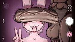 5_fingers absurd_res anthro balls blush brown_body camera_hud camera_view duo femboy fingers foreskin fur genitals gesture hand_gesture hare hi_res humanoid_genitalia humanoid_penis lagomorph leporid male male/male mammal muscular muscular_male penis pubes rabbit ragnar_cheesebite thick_penis tongue tongue_out uncircumcised v_sign vein veiny_penis white_body white_fur yani_cheesebite yanidesu