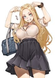 1girls :d bag black_bra black_skirt blonde_hair blush bra bra_peek breasts cleavage double_v earrings green_eyes gyaru hands_up high-waist_skirt highres jewelry kogal large_breasts long_hair looking_at_viewer nail_polish necklace original parted_bangs plaid_scrunchie pleated_skirt red_nails saeki_shun school_bag school_uniform scrunchie shirt shirt_tucked_in short_sleeves simple_background skirt smile solo thighs underwear v v_over_head very_long_hair white_background white_shirt wrist_scrunchie