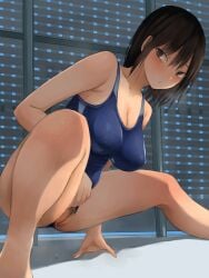 1girls breasts camonome cleavage female female_only female_pubic_hair hi_res highres innie_pussy light-skinned_female light_skin looking_at_viewer original presenting pubic_hair pussy pussy_juice solo solo_female swimsuit swimsuit_aside thighs trimmed_pubic_hair uncensored