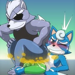anthro blush bodily_fluids canid canine canis cum duo ejaculation fart fart_fetish farting_on_penis fox genital_fluids larger_male male male/male mammal marcus_mccloud nintendo size_difference star_fox sweat waridesi0808 wolf wolf_o'donnell