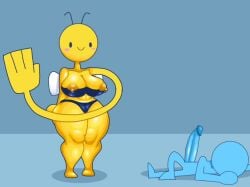 1boy 1girls antennae_(anatomy) anthro arthropod bee big_ass big_breasts big_penis black_eyes breasts cum female funny humor insects mi_2 mob_face non-mammal_breasts sex slap tagme video yellow_areola yellow_skin