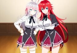 2girls ahoge ai_generated alisa_mikhailovna_kujou big_ass big_ass_(female) big_breasts blue_eyes blush crimson_hair_female crossed_bangs crossover crossover_ship crossover_shipping curvy_females demon_girl females_only hair_ribbon high_school_dxd hourglass_figured_female huge_ahoge interspecies lesbians light-skinned_female long_hair_female loose_hair lovehuwu milky_white_skin red_ribbon rias_gremory russian_girl schoolgirl_uniform schoolgirls silver_hair_female sky_blue_eyes smile thick_thighs tokidoki_bosotto_russian_de_dereru_tonari_no_alya-san very_long_hair_female voluptuous_female wide_hipped_female yuri