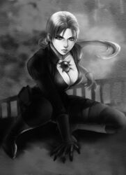 1girls artist_request bodysuit breasts greyscale jill_valentine resident_evil sitting solo squatting