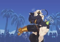 animal_genitalia animal_penis anthro areola background_character ball big_breasts big_penis biped black_body bodily_fluids bovid breasts caprine clothing condom equine_genitalia equine_penis genitals golden_week gynomorph hair hi_res holding_tennis_racket huge_cock hyper hyper_genitalia hyper_penis intersex mammal nanokindred nipple_piercing nipples one-piece_swimsuit penis piercing pubes public reinette sexual_barrier_device sheep sling_bikini solo_focus standing sweat swimwear tennis_ball tennis_racket text thick_thighs vein veiny_penis wearing_condom white_hair