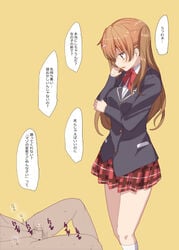 1boy female brown_hair censored chuunibyou_demo_koi_ga_shitai! femdom hair_ornament hairclip long_hair male_masturbation masturbation nibutani_shinka penis plaid plaid_skirt pointless_censoring school_uniform simple_background skirt solo tanaka_deshirittoru translated yellow_background