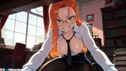 1girls aged_up ai_generated ai_generated_background ben_10 breasts_out female glasses grin gwen_tennyson librarian looking_at_viewer nipples pantyhose skirt wienergens