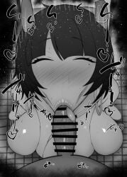 1boy 1girls :>= allied_hyakkiyako_academy_student animal_ears bar_censor bare_shoulders big_breasts big_penis black_and_white blowjob blue_archive blush breasts censored closed_eyes dark-skinned_male dark_skin deepthroat_mark detailed_background drooling eyelashes fellatio female heart humanoid indoor inside interspecies kurotama male male_pov miko niya_(blue_archive) oral oral_sex penis room saliva shiny shiny_skin short_hair sketch sound_effects squatting sweat text tongue_out vein veins veiny veiny_penis yin-yang_club_(blue_archive)