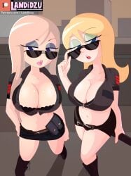 2girls adjusting_eyewear adjusting_glasses alternate_version_available baton belly belt big_breasts blue_eyes boots bra breasts brown_hair candace_flynn cleavage clothed clothing color_edit detailed_background disney disney_channel disney_xd duo edit edited eyebrows_visible_through_hair eyelashes eyeshadow female female_only ginger glasses hair_between_eyes hair_over_shoulder half-closed_eyes hi_res holding_object jacket landidzu light-skinned_female light_skin long_hair looking_at_viewer looking_over_eyewear looking_over_sunglasses multiple_girls navel open_mouth orange_hair patreon patreon_username phineas_and_ferb police police_uniform policewoman revealing_clothes shiny_skin shorts skirt standing sunglasses sweat teeth thighs tinted_eyewear tongue vanessa_doofenshmirtz watermark white_female zipper