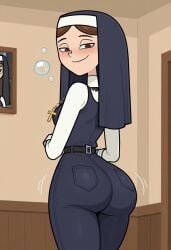 ai_generated ass_focus black_jeans disventure_camp disventure_camp:_carnival_of_chaos huge_ass isabel_(disventure_camp) isabel_carboni looking_at_viewer looking_back nun odd_nation_cartoons