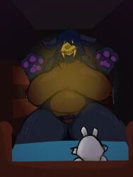 2025 anthro big_breasts black_body black_fur black_hair bone boy_kisser_(rockpankake) breasts dark_body dark_skin digital_media_(artwork) duo female fur genitals hair hi_res male mammal mature_anthro mature_female monster nipples nude paws pussy rockpankake simple_background skull skull_head thick_thighs under_covers white_body white_fur wide_hips