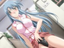 black_panties blouse blue_hair blush color duplicate dutch_angle game_cg long_hair panties pussy_juice sagara_arisa sagara_family skirt skirt_lift sleeveless smile standing underwear yamane_masahiro yellow_eyes zyx