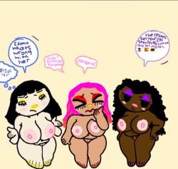3girls african_female asian asian_female bangs black_girl black_hair chinese_female chinese_text chubby completely_nude confusion ebony edited_official_artwork english_text eyeshadow fully_nude funny hello_kitty hello_kitty_(character) hello_kitty_(series) huge_breasts humor kuromi latina lipstick mayan_flag mexican_female my_melody native_american orange_hair painted_fingernails painted_nails painted_toenails pan_african_colors race_swap raceplay racism spanish_flag spanish_text tacos_and_chicken thick_thighs what whining