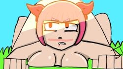 bleeding_from_mouth brawl_stars breasts laying_on_stomach melodie_(brawl_stars) spread_legs sunlight
