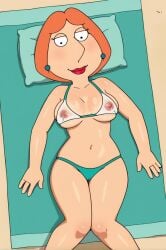 ai_generated bikini breasts covered_nipples earrings female jewelry lying medium_breasts navel nipples on_back orange_hair pillow see-through solo swimsuit underboob