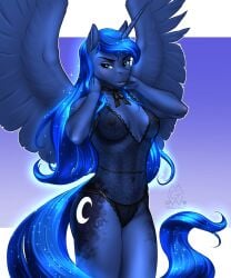 5:6 absurd_res alicorn anthro areola blue_hair breasts clothing cutie_mark equid equine ethereal_hair eyebrows eyelashes female friendship_is_magic hasbro hi_res horn lingerie mammal my_little_pony mykegreywolf mythological_creature mythological_equine mythology nipples princess_luna_(mlp) pseudo_hair solo sparkles text underwear url wings