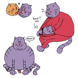 2025 animal_genitalia animal_penis anthro belly big_belly big_jim_(dog_man) blush bottomwear closed_eyes clothing dog_man_(series) domestic_cat duo erection felid feline feline_genitalia feline_penis felis genitals grampa_(dog_man) hi_res kissing male male_only mammal ohmeowgay overweight overweight_male pants penis shirt simple_background sitting solo tongue tongue_out topwear white_background