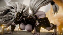 3d_(artwork) all_fours anthro areola armor ass big_breasts big_butt bracers breasts canid canine da.nilkaz da.nilkaz_(modeler) digital_media_(artwork) elden_ring female fromsoftware grey_body grey_hair hair headgear helmet hi_res huge_breasts long_hair maliketh_(elden_ring) maliketh_the_black_blade mammal nipples solo tail