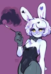 2025 alternative_fashion anthro bestfriendforever besty_(character) blue_blush blush bow_tie breasts bulge bunny_costume chest_tuft cleavage clothed clothing costume detailed_bulge ear_piercing erection flapper freckles genital_outline gloves grey_clothing grey_gloves grey_handwear gynomorph gynomorph_anthro handwear heart_(marking) hi_res intersex intersex_anthro lagomorph leporid looking_at_viewer mammal markings penis_outline piercing rabbit short_tail smoke solo tail tight_clothing tuft yellow_eyes