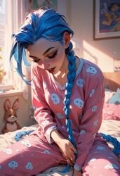 1girls ai_generated arcane bedroom blue_hair closed_eyes female female_focus female_only jinora12345 jinx_(league_of_legends) league_of_legends masturbation pajamas riot_games