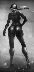 1girls artist_request ass back bodysuit from_behind greyscale jill_valentine legs restrained solo standing