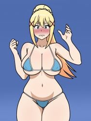 1girls big_breasts bikini bikini_bottom bikini_top blonde_hair blue_eyes blush bottomwear breasts cleavage darkness_(konosuba) female female_only frixtied hair hips huge_breasts kono_subarashii_sekai_ni_shukufuku_wo! ponytail solo solo_female swimwear thighs topwear