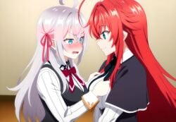 2girls ahoge ai_generated alisa_mikhailovna_kujou big_breasts blue_eyes blue_green_eyes blushing_female crimson_hair_female crossed_bangs crossover crossover_ship crossover_shipping curvy_females demon_girl females_only hair_ribbon high_school_dxd hourglass_figured_female huge_ahoge interspecies lesbians light-skinned_female long_hair_female looking_at_another loose_hair lovehuwu milky_white_skin open_mouth red_ribbon rias_gremory russian_girl schoolgirl_uniform schoolgirls silver_hair_female smile tokidoki_bosotto_russian_de_dereru_tonari_no_alya-san very_long_hair_female voluptuous_female yuri
