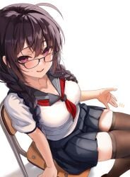 ahoge artist_request black_sailor_collar black_skirt braid breasts brown_hair chair character_request collarbone female glasses highres long_hair megane-chan_(yufou) neckerchief on_chair original pleated_skirt purple_eyes red_neckerchief sailor_collar school_chair shadow shirt sitting skindentation skirt solo sweat thighhighs twin_braids white_shirt yufou