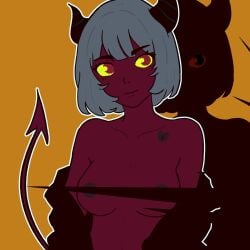 big_breasts blind_peacock_draws blind_peacock_draws_(artist) bullet bullet_hole bullet_scar bullet_wound commentary commentary_request demon demon_girl demon_horns demon_tail fanart fanart_from_twitter grey_hair hazbin_hotel hazbin_hotel_oc heart_scar helluva_boss helluva_boss_oc latina latina_female lycorsins original original_art original_artwork original_character oro_(blindpeacockdraws) partially_covered red_eyes red_skin scar sinner sinner_demon yellow_eyes