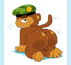 2023 3_toes all_fours anthro ass balls barefoot beret big_butt bloons_tower_defense brown_body brown_eyes brown_fur camo camo_print clothing digital_media_(artwork) eyebrows feet fur genitals haplorhine hat headgear headwear looking_at_viewer looking_back looking_back_at_viewer male mammal monkey mostly_nude ninja_kiwi pawplants presenting presenting_hindquarters primate sniper_monkey_(bloons) solo tail teeth thick_thighs toes