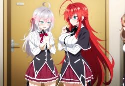 3girls ahoge ai_generated alisa_mikhailovna_kujou big_ass_(female) big_breasts blue_eyes blush blushing_female crimson_hair_female crossed_bangs crossover crossover_ship crossover_shipping curvy_females demon_girl females_only hair_ribbon high_school_dxd hourglass_figured_female huge_ahoge interspecies lesbians light-skinned_female light_brown_hair_female long_hair_female looking_at_another loose_hair lovehuwu maria_mikhailovna_kujou milky_white_skin open_mouth red_ribbon rias_gremory russian_girl schoolgirl_uniform schoolgirls silver_hair_female sky_blue_eyes thick_thighs tokidoki_bosotto_russian_de_dereru_tonari_no_alya-san very_long_hair_female voluptuous_female wide_hipped_female yuri