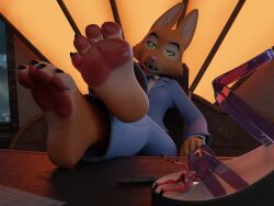 3d_(artwork) 4_toes absurd_res anthro ass balls blender_(artwork) blitzo_(helluva_boss) bodily_fluids canid canine clothed clothing cynthiaacid demon diane_foxington digital_media_(artwork) dreamworks duo erection eyebrow_piercing facial_piercing feet female foot_fetish foot_focus fox fur genital_fluids genitals helluva_boss hi_res horn humanoid imp macro male male/female mammal micro mythological_creature mythology nude orange_body orange_fur pawpads paws penile penis piercing plantigrade red_body soles tail the_bad_guys toes