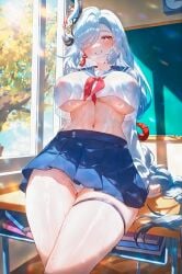 absurd_res adapted_costume ai_generated alternate_costume areola_slip arm_support arms_behind_back ass_visible_through_thighs between_breasts blue_eyes blue_hair blue_nails blue_sailor_collar blue_skirt blue_sky blush book braid braided_ponytail breast_curtain breasts breasts_apart bright_pupils cameltoe chair chalk chalkboard chinese_knot classroom cleavage clock contemporary covered_nipples cowboy_shot crop_top crop_top_overhang cropped_shirt crossed_legs curvy day desk earrings eyes_visible_through_hair feet_out_of_frame female flower_knot from_below genshin_impact gradient_eyes grey_eyes grey_hair grin hair_between_eyes hair_ornament hair_over_one_eye heart indoors jewelry large_breasts leaning_back leaning_on_object light_blue_hair light_particles linea_alba long_bangs long_braid long_hair long_sleeves looking_at_viewer microskirt midriff miniskirt ministro mole mole_on_thigh multicolored_eyes nail_polish navel neckerchief nipples no_bra on_desk one_eye_covered open_mouth panties panty_peek panty_straps pantyshot parted_bangs parted_lips partially_visible_vulva pleated_skirt purple_eyes pussy pussy_juice red_neckerchief ribbon sailor_collar school school_desk school_uniform see-through see-through_shirt see-through_silhouette serafuku sex_toy shenhe_(genshin_impact) shirt sidelocks single_braid single_earring sitting sitting_on_desk skindentation skirt sky sleeve_cuffs smile solo standing stomach suggestive_fluid sunlight sweat sweatdrop sweaty_clothes swept_bangs symbol-shaped_pupils table tassel tassel_earrings teeth thick_thighs thigh_gap thigh_strap thighlet thighs tree twin_braids underboob underwear upskirt very_long_hair vibrator wall_clock wet wet_clothes white_hair white_panties white_shirt wide_hips window