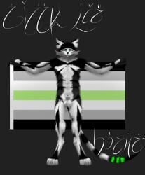 absurd_res agender_flag agender_pride_colors animal_genitalia anthro athletic balls black_body calligraphy constructed_language domestic_cat ear_tuft felid feline felis flag flag_(object) genitals green_eyes green_tail grey_body hi_res holding_flag holding_object lgbt_pride lojban_text mammal pride_colors public_domain sheath solo tail text tuft varik_valefor vunc_(varik_valefor) whiskers white_body
