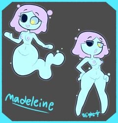 1_eye blightstar blue_body blue_sclera breasts character_name floating ghost_girl ghost_tail half-closed_eyes hand_on_hip hourglass_figure madeleine_(blightstar) mitten_hands open_mouth original original_character purple_hair short_hair standing vagina wide_hips yellow_eyes