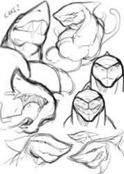 anthro bust dialogue engis_(trencalos) fins furry goo_creature line_art shark shark_teeth sharp_teeth sketch slime smile teeth tongue tongue_out trencalos tusks