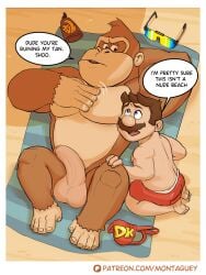 2boys anthro ape balls barazoku beach beach_towel blue_eyes brown_body brown_eyes brown_fur brown_hair casual_nudity concerned donkey_kong_(character) donkey_kong_(series) duo flaccid genitals haplorhine hi_res human jockstrap lotion lotion_bottle male male/male male_focus male_only mammal montaguey moustache mustache nintendo nude nude_anthro nude_male penis primate sand size_difference speech_bubble sunglasses sunscreen testicles text towel