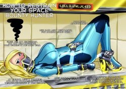 bondage bondage_mittens collar english_text frustrated gagged hogtie metroid plasma-dragon samus_aran sci-fi tagme zero_suit_samus