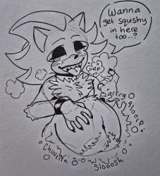 absurd_res after_vore anthro badfoxxxrage belly big_belly blush digestion_noises eyelashes eyeshadow hi_res looking_at_viewer makeup male oral_vore same_size_vore sega shadow_the_hedgehog solo sonic_(series) sonic_the_hedgehog_(series) stomach_bulge talking_to_viewer tongue tongue_out vore