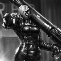 1girls artist_request bodysuit breasts genderswap_(mtf) greyscale hand_up monster monster_girl nemesis_(resident_evil) resident_evil rule_63 teeth undead zombie