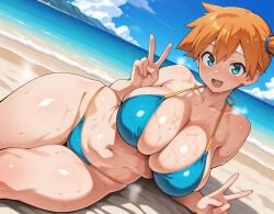 :d ai_generated alternate_breast_size aqua_eyes bangs bare_shoulders beach bikini blue_bikini blue_sky blue_swimsuit blush breasts castle12 clavicle cleavage clothing cloud collarbone curvaceous day double_v female female_only green_eyes gym_leader huge_breasts kasumi_(pokemon) large_breasts legs looking_at_viewer lying navel ocean on_side open_mouth orange_hair outdoors pokemon pokemon_(anime) pokemon_(classic_anime) pokemon_(game) pokemon_character ponytail sand shiny_skin short_hair side_ponytail skindentation sky smile solo spread_legs sweat swimsuit thick_thighs thighs v water wet wide_hips